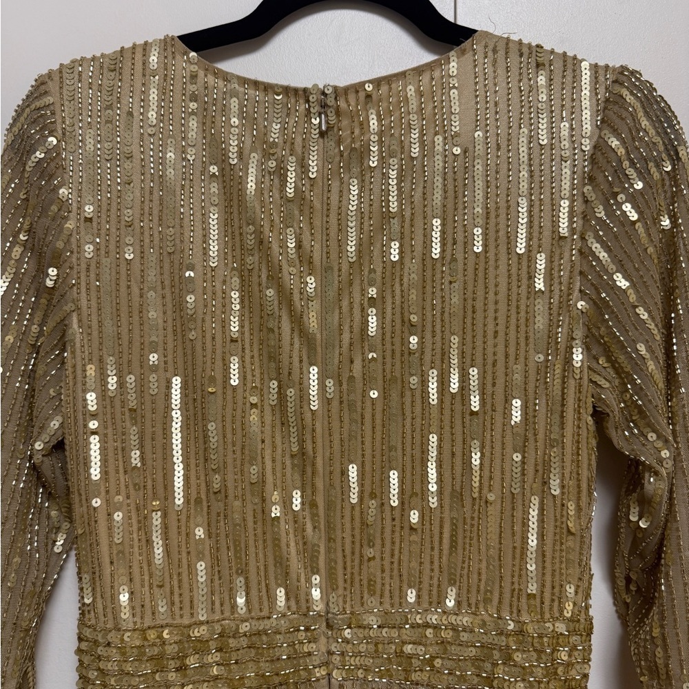 NWT | Mac Duggal 4977  Taupe Gold Sequined V Neck Sleeve A Line Gown Size 4 - Picture 14 of 14